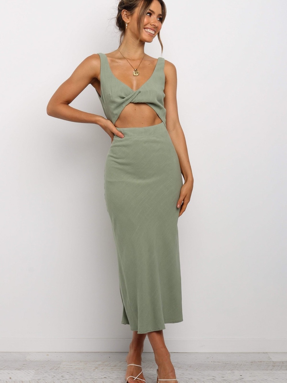 Petal & Pup Olive Green Twist Front Cutout Midi Dress